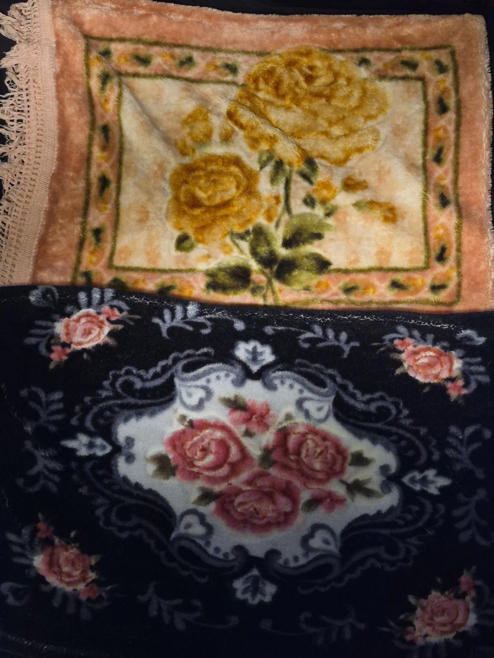 Vintage Velvet Floral Fringed Pillowcases Black Pink Mix Match Pair